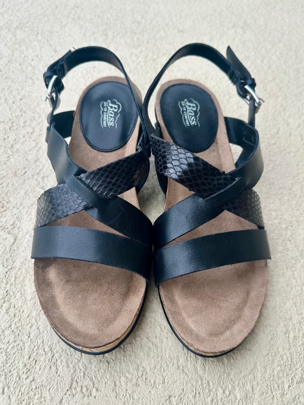 NEW Bass Rita "Go-To-Comfort" Black Leather Sandals, Size 8.5